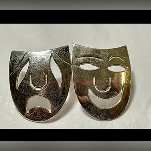 Silver earrings TAXCO COMEDY Theater Masks  925 HAPPY SAD Mexico 1.5”X1” VINTAGE